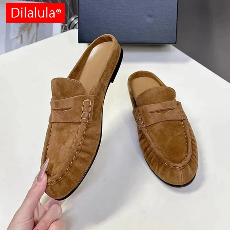 

Женские плиссированные тапочки Dilalula 2026 из натуральной кожи, французский стиль, на плоской подошве, мюли, женские повседневные шлепанцы, большие размеры 34-43