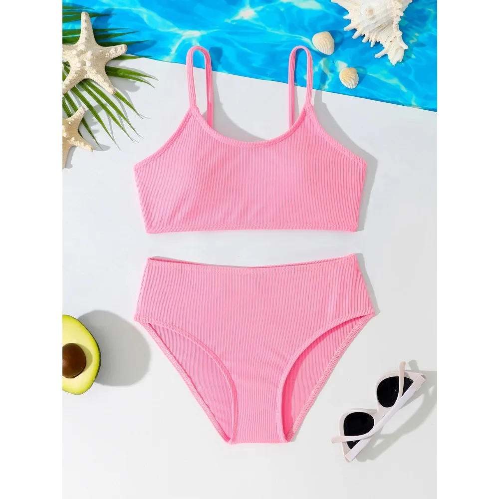 

Girls Pink Bikini Sets Two Pieces Swimsuit Kids Beach Wear Ribbed Children's Swimwear 7-12 Years Teenagers Bathing Suit Holiday