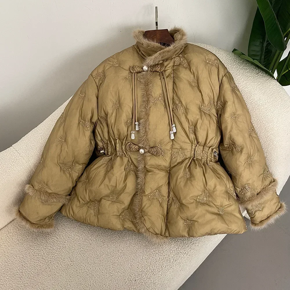 Puffer Jacket Autumn Winter Mink Fur Spliced Embroidered Short Jacket Thickened Warm 90% White Duck Down Jacket Women