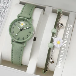 Mode 2 Stks/set Daisy Dial Lederen Horloge & Groene Bloemenarmband