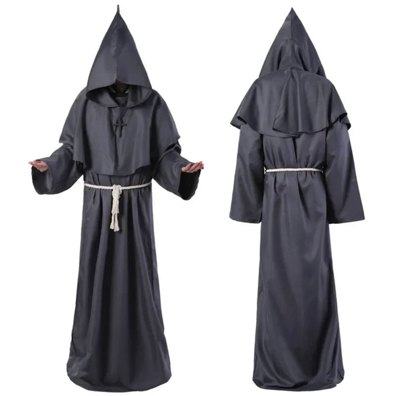 Medieval Christian Friar Cosplay Costume Monk Hooded Robe Cross Necklace Waist Rope Set Priest Role Play Halloween Party