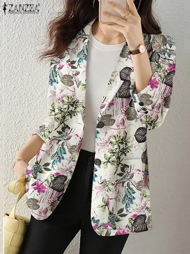 ZANZEA-Chaqueta de otoño con estampado Retro para mujer, abrigos informales de manga larga con flores, chaquetas con solapa de un solo botón de gran tamaño