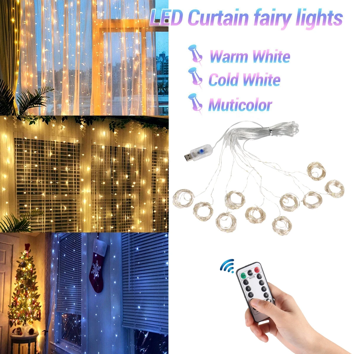 Cortina de luces LED para decoración navideña, guirnalda con Control remoto por USB, luces de hadas para dormitorio y hogar