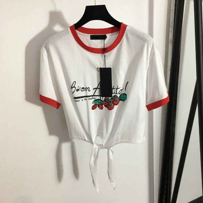 

Sweet Tomato Letter Print Short Sleeve T-Shirt Women's Knot Waist Color Block Short Style Belly Show Cotton Summer T-Shirt