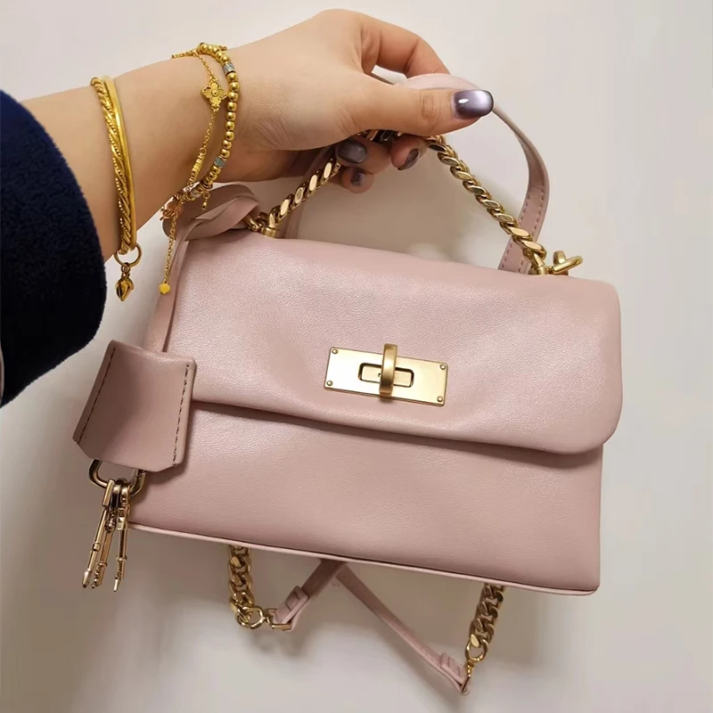 Genuine Leather Square Messenger Bag For Women 2025 Spring New High-End Cowhide Golden Chain Crossbody Bag Ladies Mini Handbag