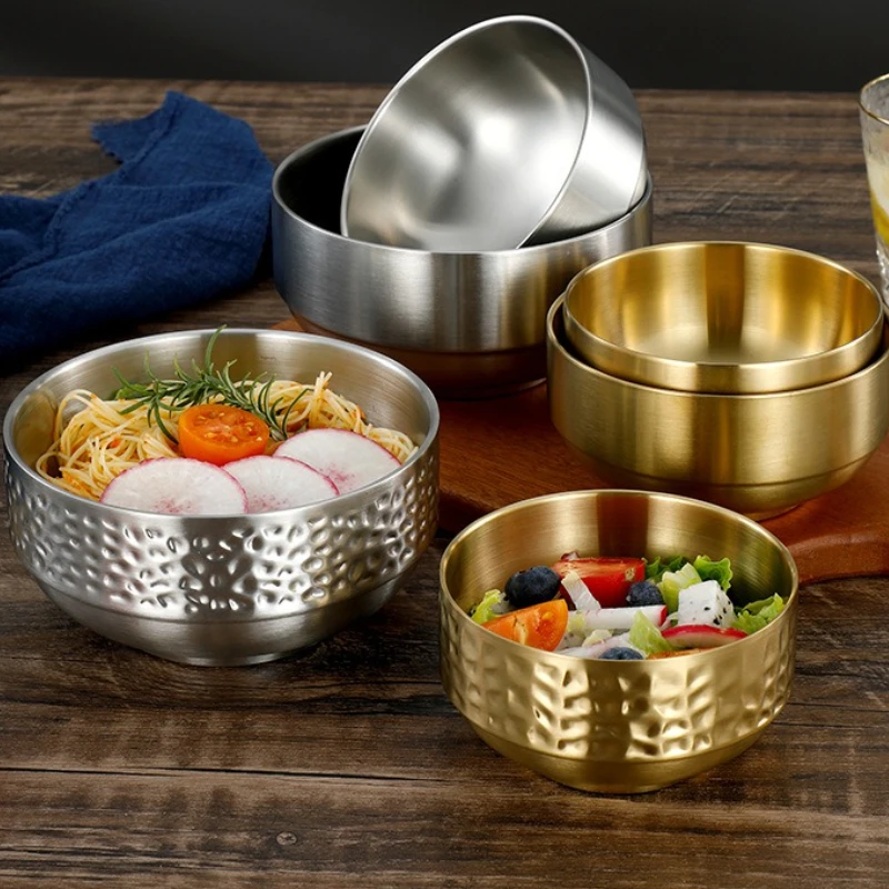 Kreative Hammerschüssel aus Edelstahl 304, für Kinder, Heimkantine, doppelschichtig, verdickte Wärmeisolierung, goldene koreanische Suppenschüssel