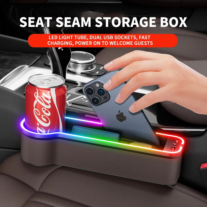 

Colour changing LED car seat seam filler storage box with cup holder and USB charger for car interior accessories