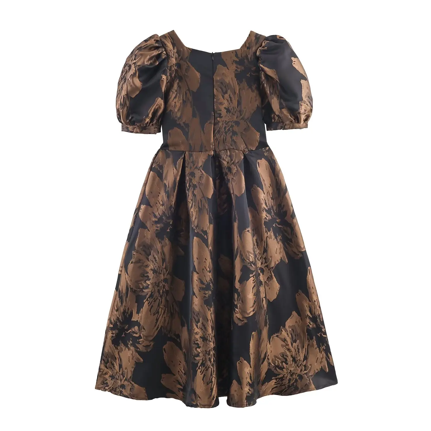 Sweet Jacquard Weave Floral Ruched Bra Chest Short Lantern Sleeve Dress Women High Waist Swing A-line Dresses Femme Vestidios