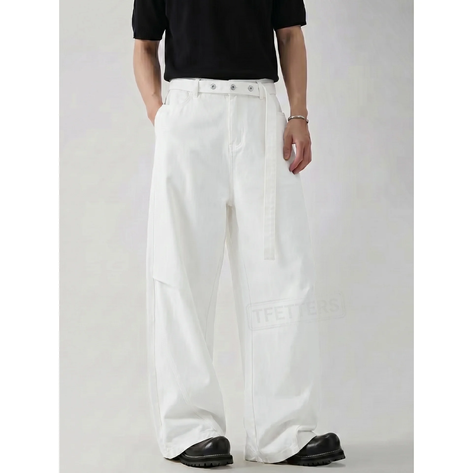 TFETTERS 2026 Fall Loose Wide Leg Denim Pants Men Detachable Belt Design Dark Blue Raw Denim Casual Street Long Jeans EU SIZE