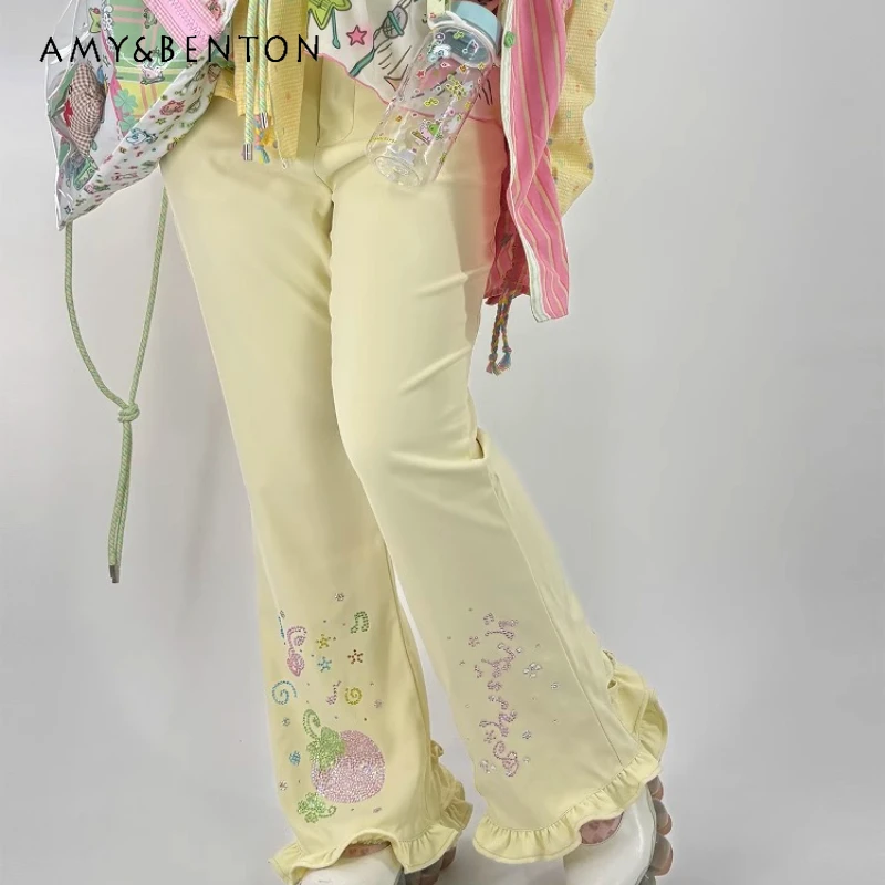 

Japanese New Green Hot Diamond Fruit Music Note Elastic Lace Women's Trousers Summer Yellow Sweet Cute Thin Bell-bottoms Ladies