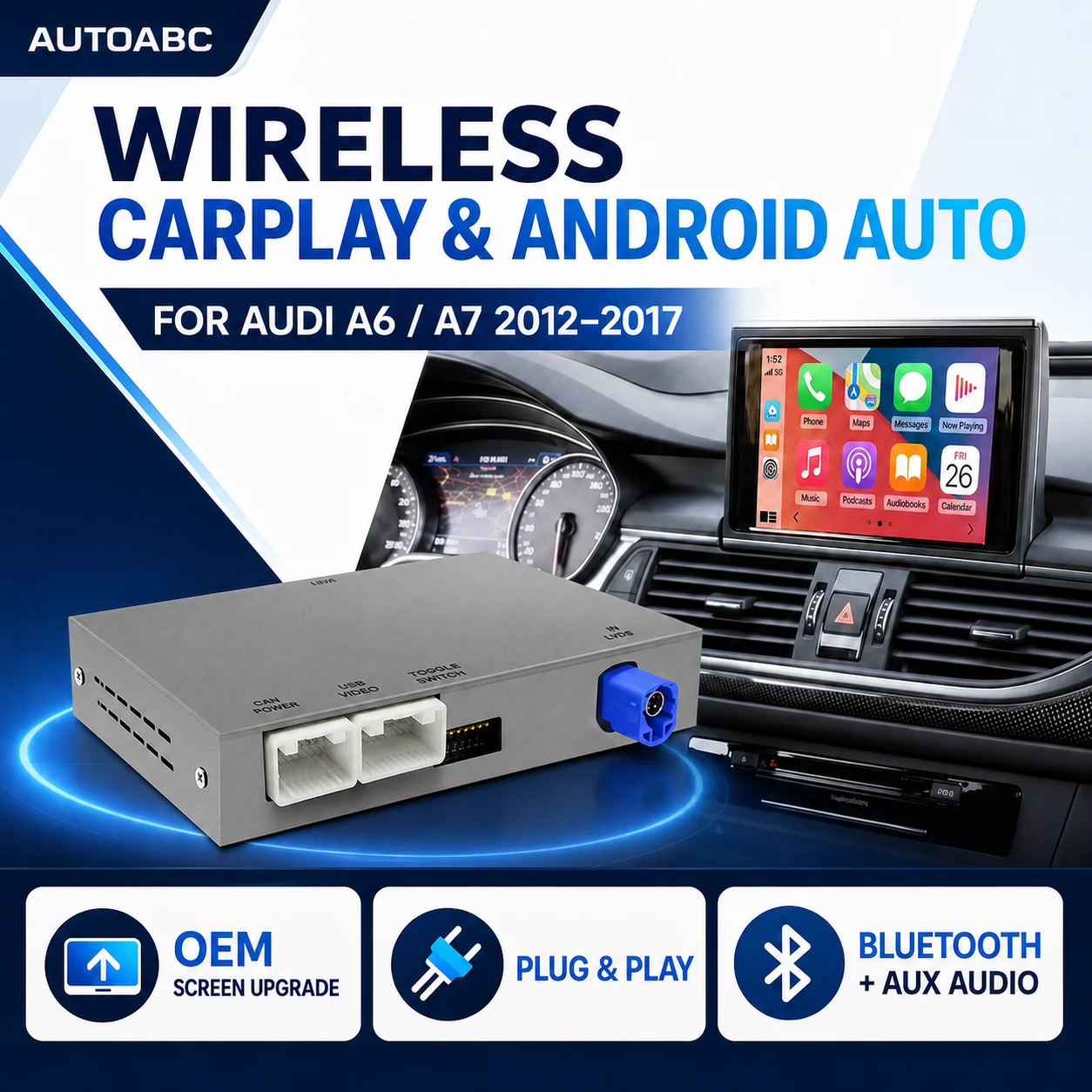 Accessoires d'amélioration de véhicule AUTOABC originaux, interface sans fil CarPlay et Android Auto pour les modèles Audi A6 C7 et A7 de 2012 à 2018, avec Bluetooth, prise en charge de la caméra de recul et fonctionnalité AirPlay.