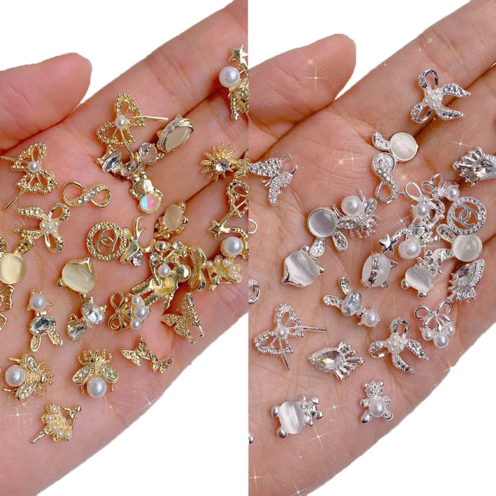 3D Alloy  Gold/Silver 10PCS Random lot Charms for jewelry Making Nail Art Decorations Luxury Rhinestone Dangle Stones Gems Bulk