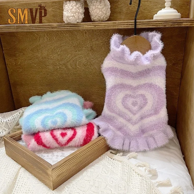 Autumn Winter Warm Fluffy Pet Knit Sweater Gradient Concentric Heart Stripes Cute Ruffle Edge Plush Fleece Pet Costume