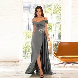 Customized Grey Evening Dresses Spaghetti Strap Side High Split Long Party Dress Simple Beading Pleat Off The Shoulder Prom Gown