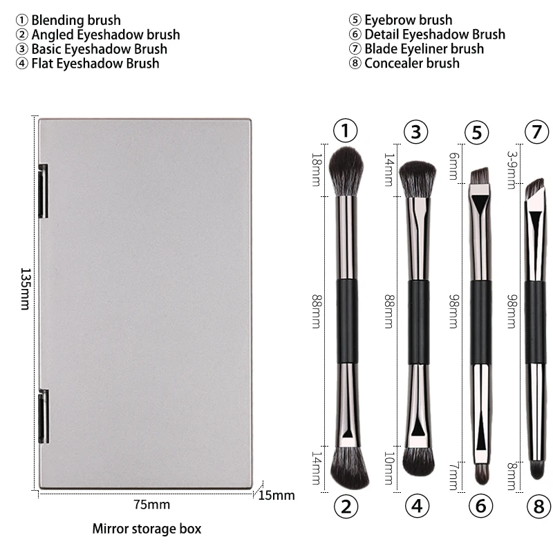 Portable double-ended eyeshadow brushes set with storage box and makeup mirror travel makeup brushes set beauty tools