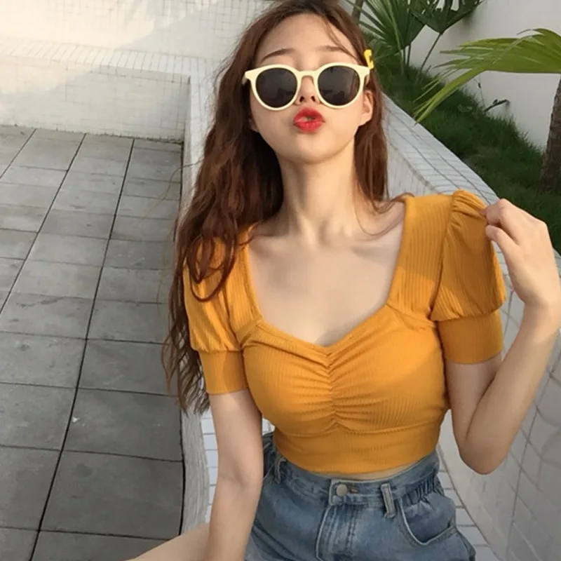 Women Square Neck Slim Fit Top Summer Navel Exposed Short Sleeve Crop Top Female Solid Low Neck Sexy Skinny T-Shirt