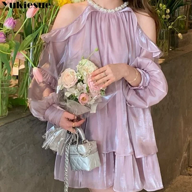 Women Chiffon Dresses 2023 Summer New French Style  Solid Fashion Sexy Off-the-shoulder Long Puff Sleeve Ruffles Simple Dress