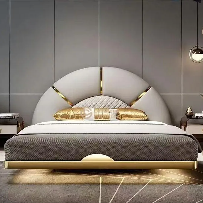 

Light luxury bed suspended leather soft bag cream wind metal frame bed frame with sensor light designer small apartment bed