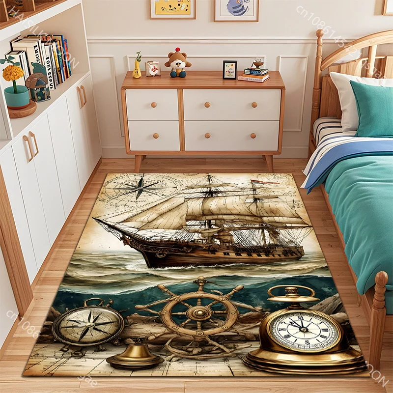 

Retro Sailboats and Nautical Tools Pattern Carpet for Living Room Bedroom Sofa Home Decor Non-slip Floor Mat Large Size