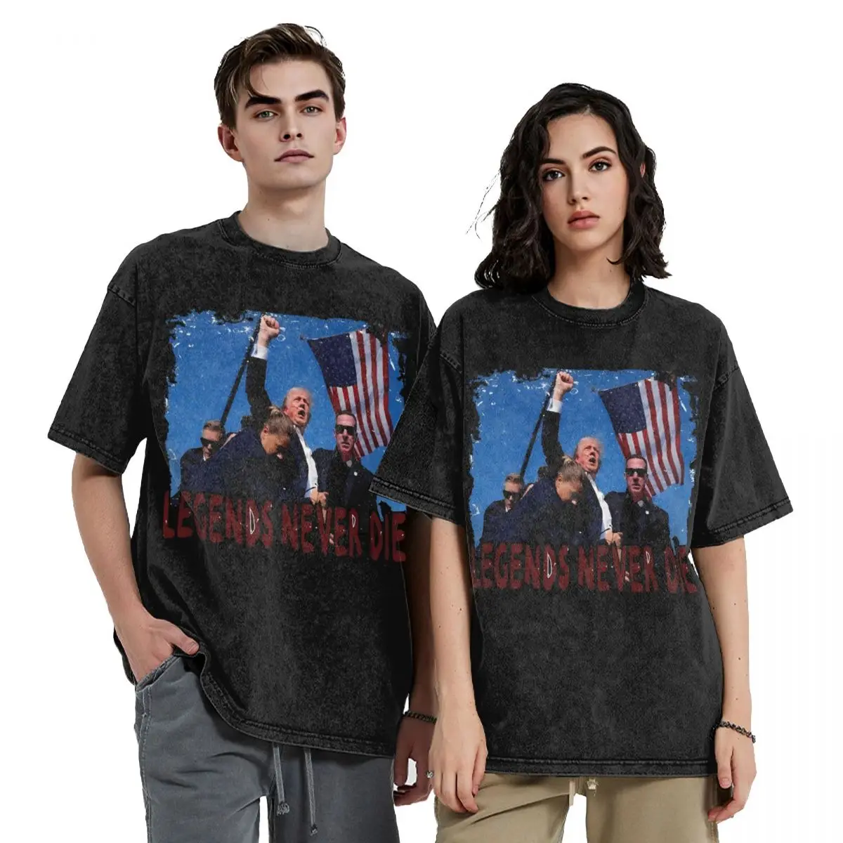 

Donald Trump Rally Shooting Washed T Shirts Streetwear Hip Hop Vintage T-Shirt Tee Shirt Men Women Short Sleeve High Street