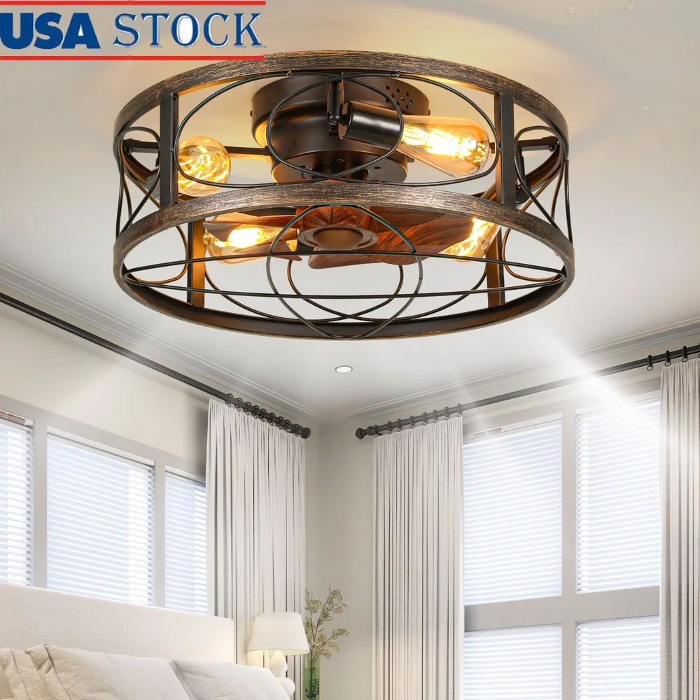 

20 Inch Caged Ceiling Fan with Lights Remote Control Rustic Flush Mount Design Whisper Quiet DC Motor Six Speed Suitable Indoor