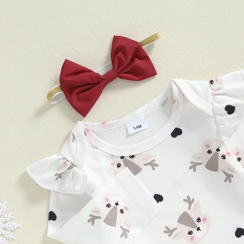 Baby Girl Christmas Outfits Santa/Deer Print Long Sleeve Romper Ruffles Suspender Skirt Headband Newborn Clothes Set