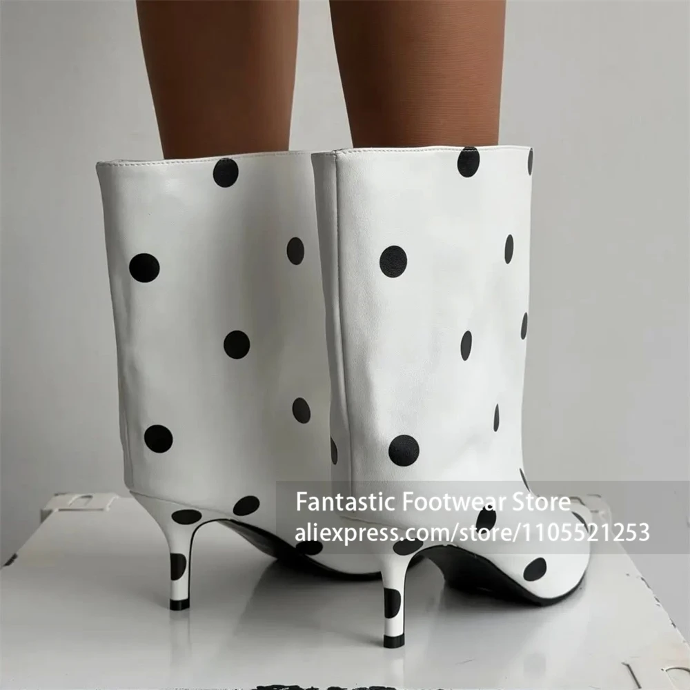 White Black Polka Dot Pointed Toe Mid Calf Boots Stiletto High Heel Faux Leather Vintage Chic Office Party Dress Shoes for Women