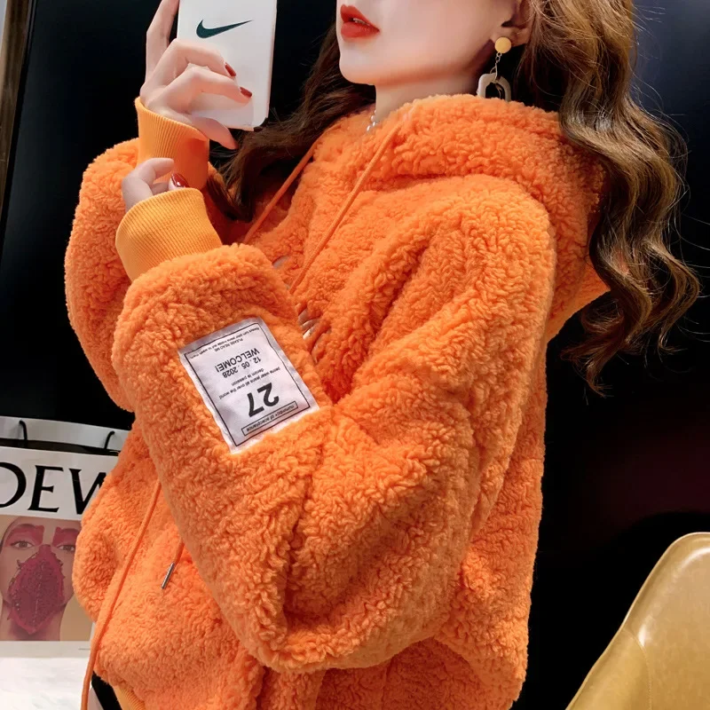 Embroidered Lamb Wool Sweatshirt Women's Thick Fleece Lined Loose Fit Hooded Pullover Medium Length Top Winter 2024 New Style