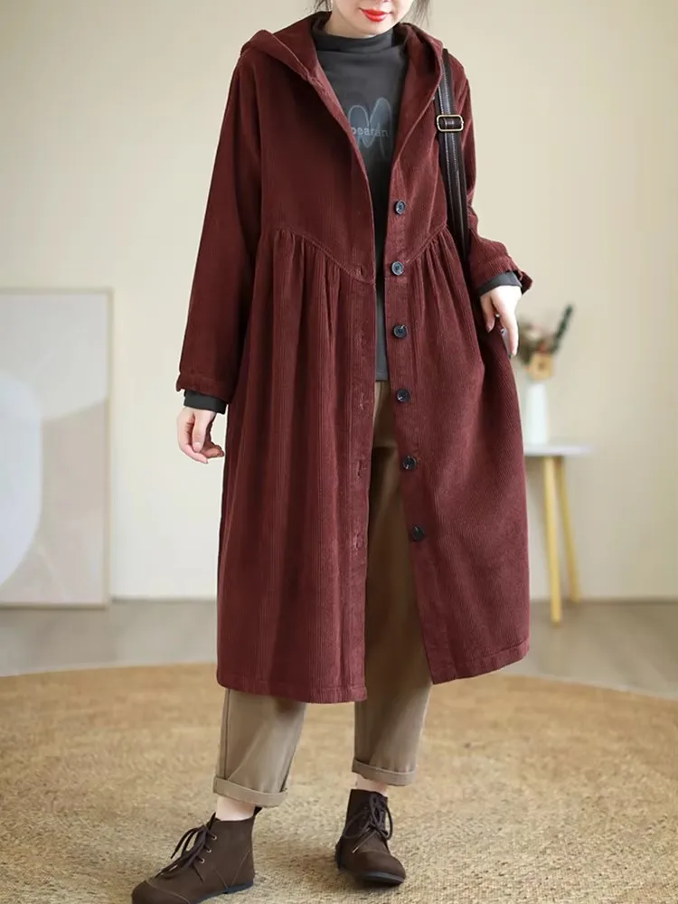 Amax luluE jesienne długie ubrania moda damska ponadgabarytowe sztruksowe trencze z kapturem damskie Casual Vintage zagęścić wiatrówki — zdjęcie 4