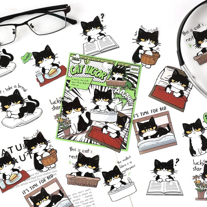 1pack/20pcs Black White Arrogant Cat Stickers, Cute Grumpy Kitten Decor Stickers for Journal Scrapbook Laptop Craft Decoration