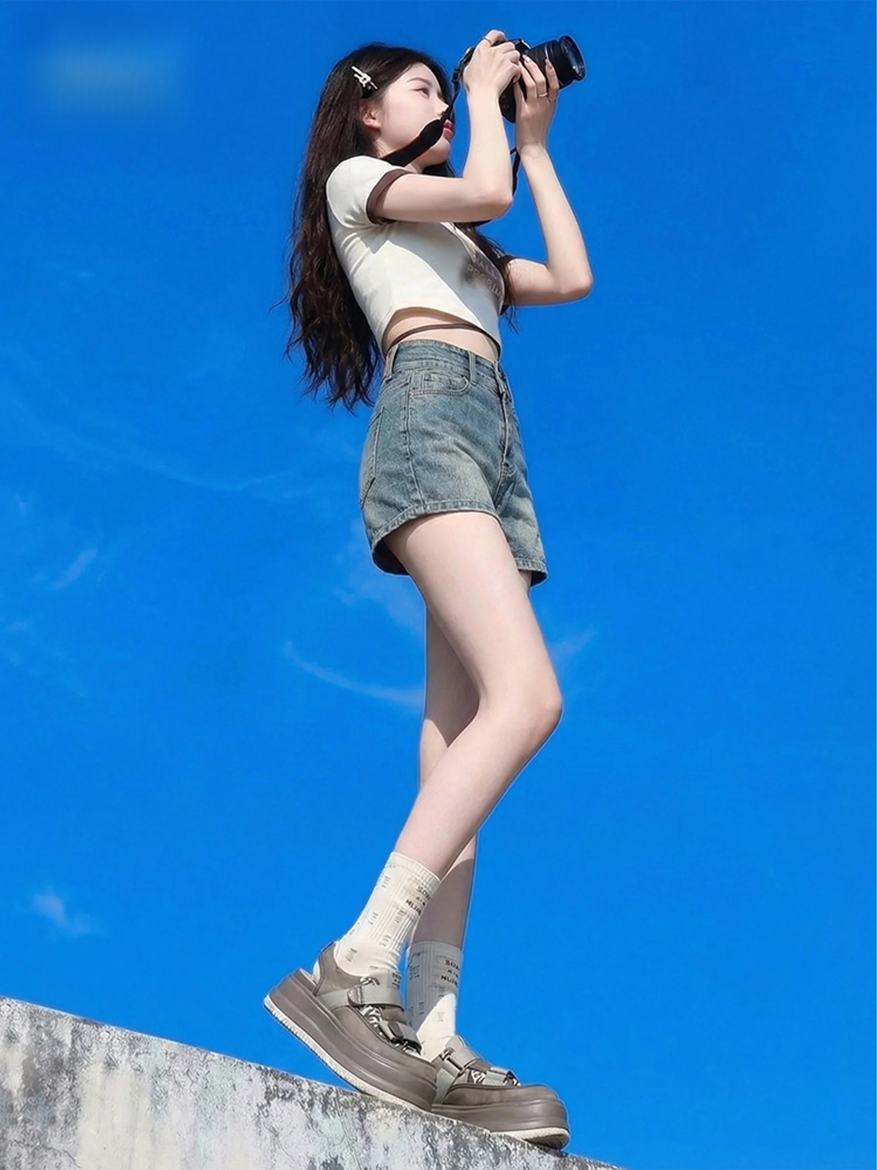 

American Style High Waist Slim Fit Denim Shorts Women's Yellow Mud Color Straight Leg Hot Pants Summer Fashion Casual Jeans
