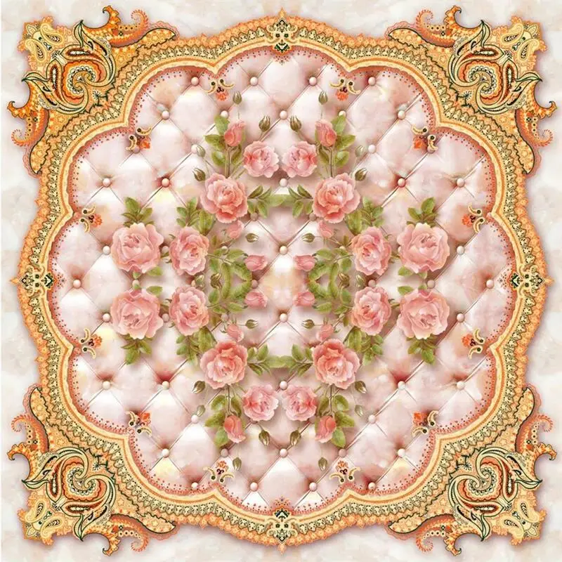 European Style Rose Flower Marble Floor Tiles Mural Self-adhesive PVC Wallpaper Living Room Waterproof Papel De Parede Floral