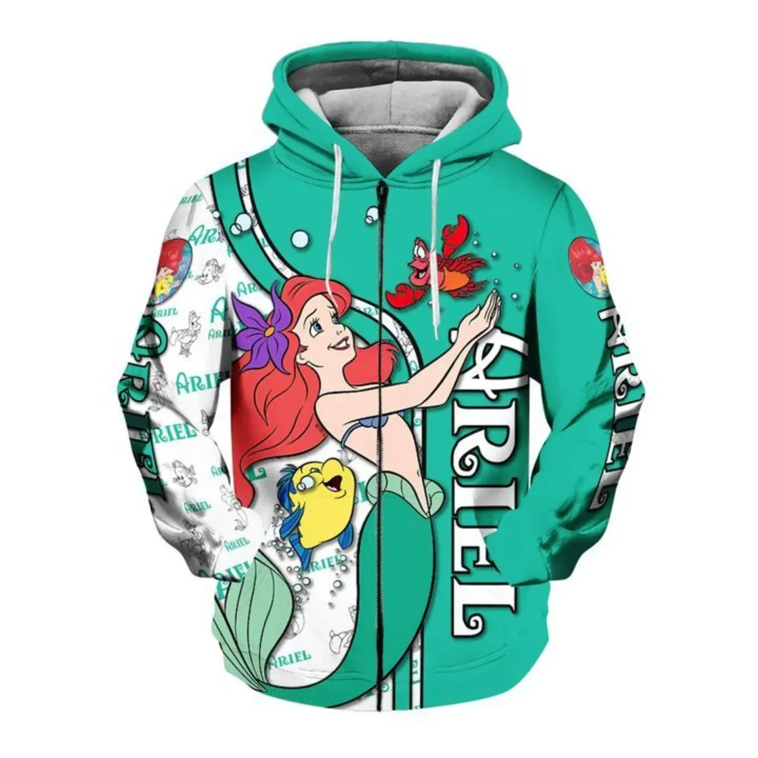 Little Mermaid Ariel 3d Hoodie Mens Women\'s Casual Fashion Sweatshirt Disney 3d Hoodie Harajuku Streetwear Cartoon Zipper Hoodie