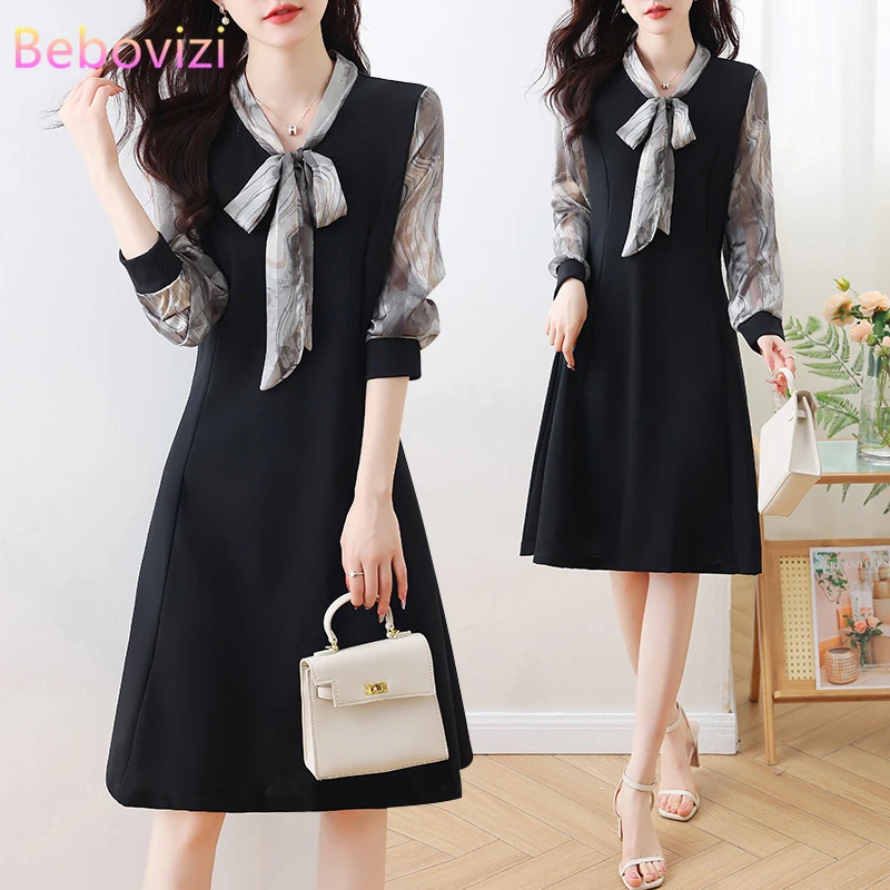 

Spring Autumn Women's Clothing Long Sleeve Bow Dress Korean Casual New Patchwork A-line Midi Dresses