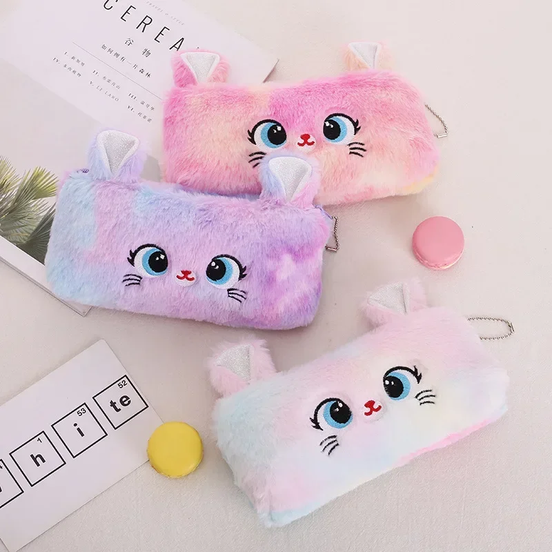 Cute Rainbow Gradient Color Cartoon Cat Plush Pen Bag Large Capacity Pencil Case Girl Stationery Storage Back To School Supplies