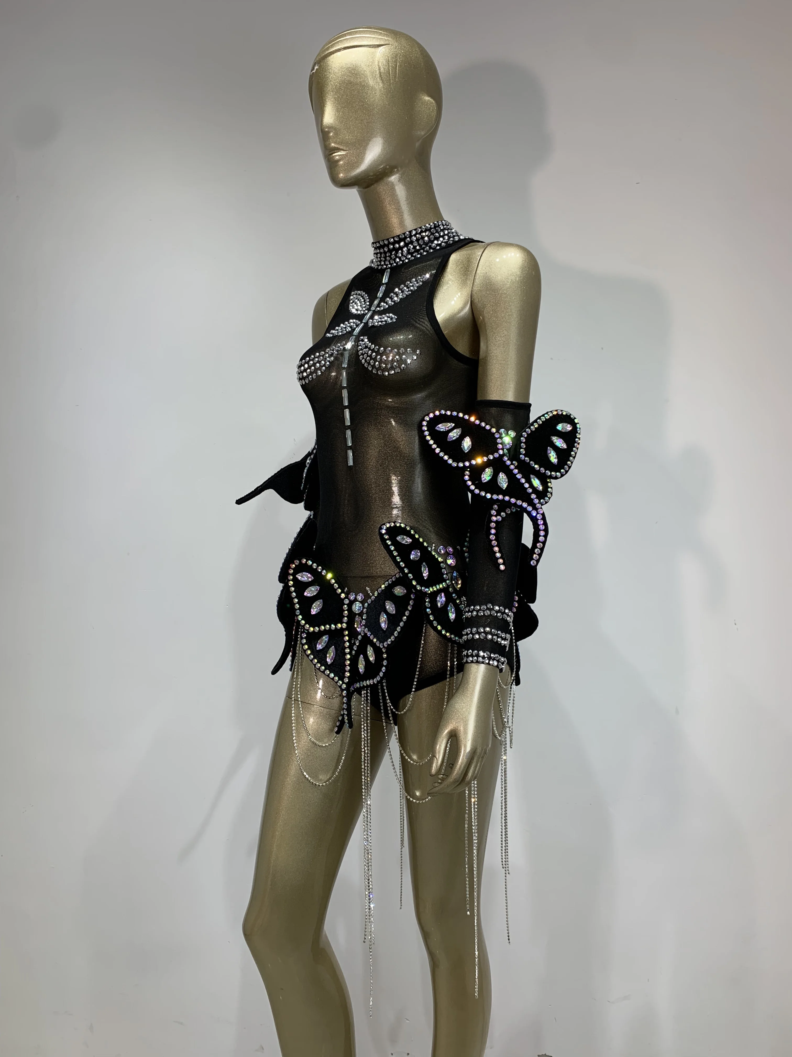 Body extensible avec chaîne papillon et strass scintillants pour femmes, avec manches, maille transparente, Costume de scène pour chanteur DJ en boîte de nuit
