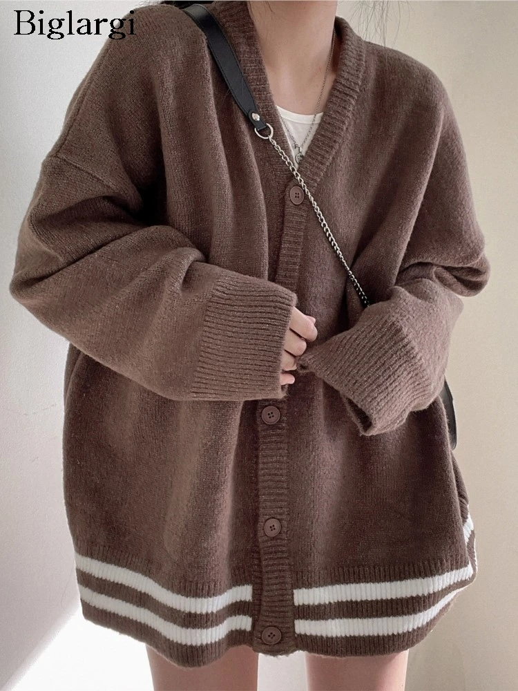 

Вязаный осенне-зимний кардиган, женский полосатый принт, модный корейский стиль, женские кардиганы, свободные повседневные женские свитера с v-образным вырезом, пальто