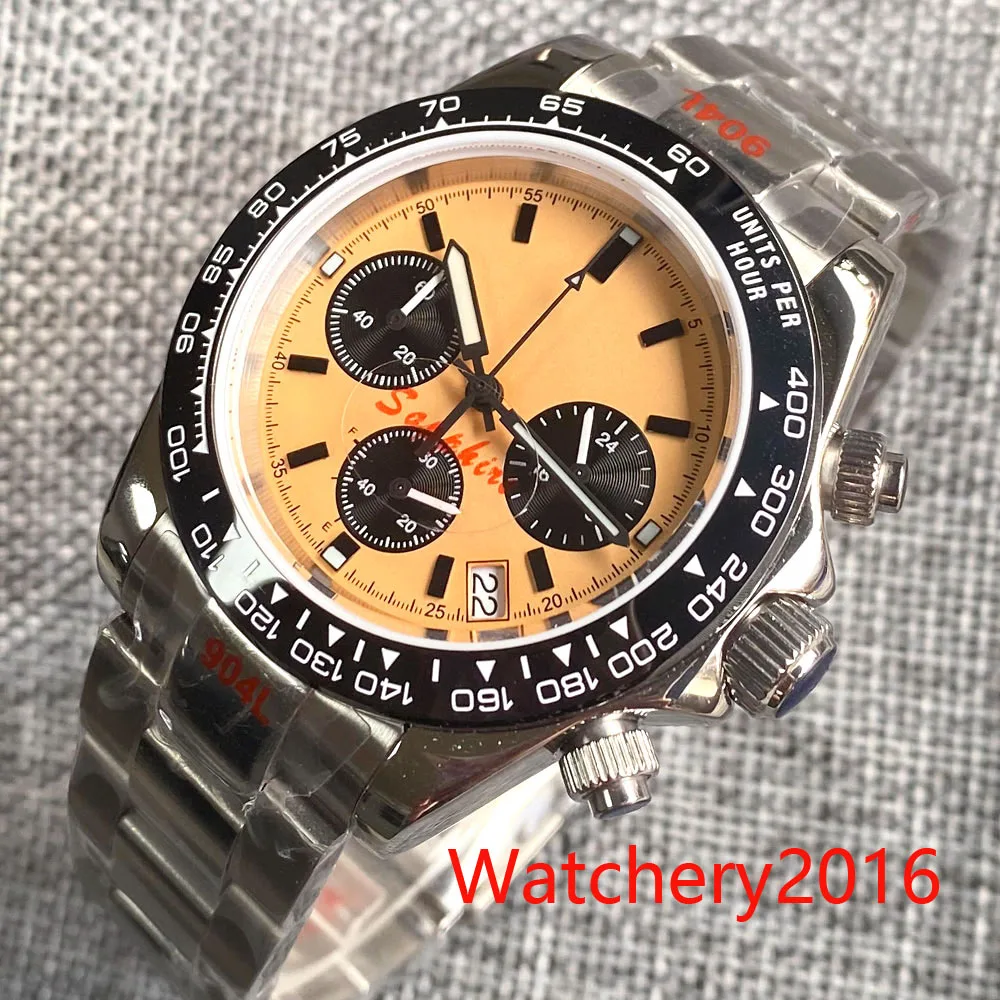 ที่กําหนดเอง 39 มม.สีเหลืองปราศจากเชื้อ dial Vk63 การเคลื่อนไหวรุ่น Multi-Function Full Chronograph QUARTZ Mens นาฬิกาสายยางสร้อยข้อมือ