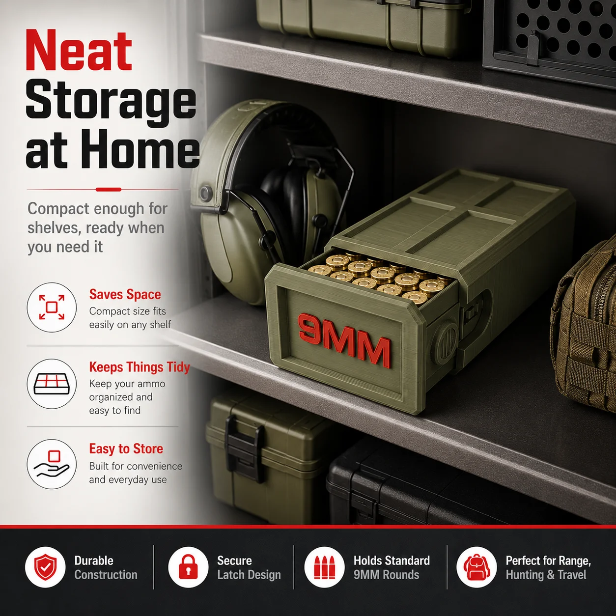 Un étui de rangement compact capable de contenir 50 cartouches de 9 mm – pratique à transporter vers le stand de tir.