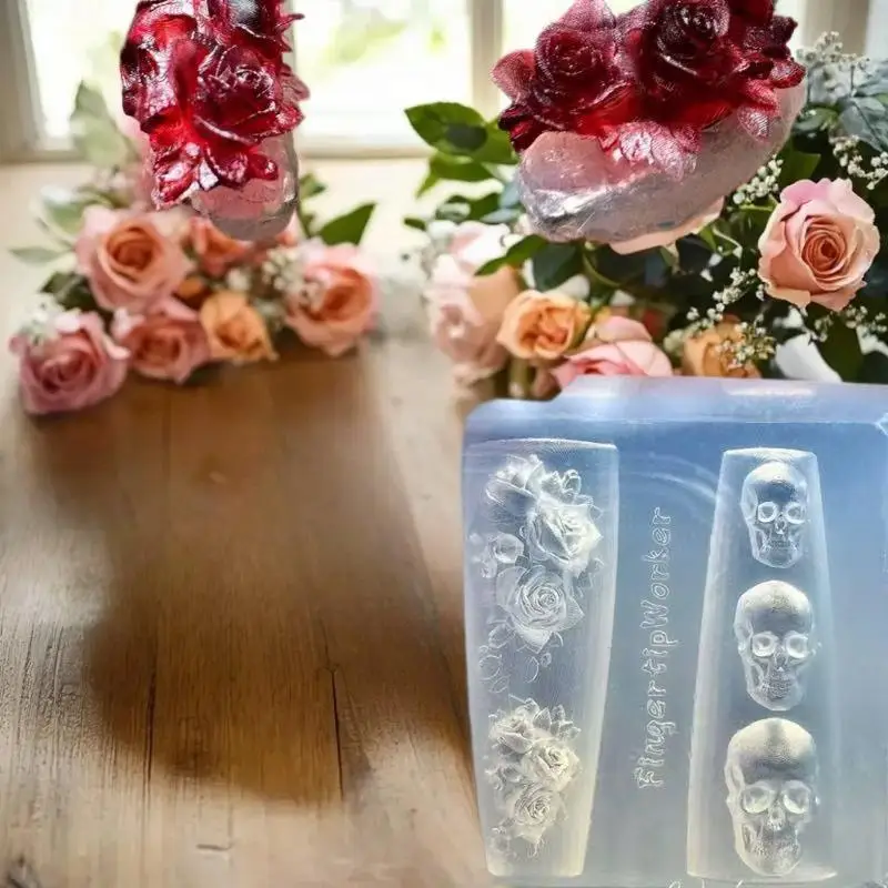 قوالب فنية للأظافر من السيليكون DIY بتصميم زهرة الورد والجمجمة، قوالب نحت شفافة لتقليم الأظافر الفريدة