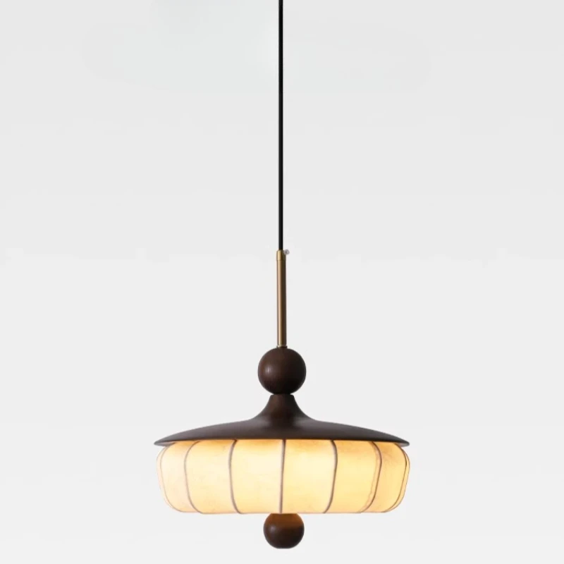 French Retro Printing Fabric LED Pendant Lights Rotundity Wooden Hanging Lamp Living Broom Bedroom Kitchen Restaurant Chandelier