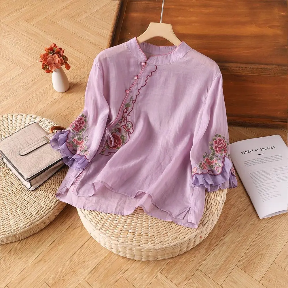 Women's Summer Cotton Linen Floral Embroidery Frog Button Chinese Style Ethnic Top, Vintage Literary Tea Shirt Blouse