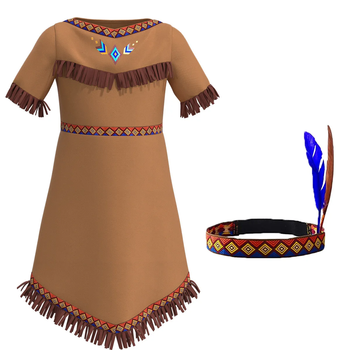 

Girl Native American Costume Children's Dress Set Performance Costume Indian Primitive Girls Cosplay Feather Headwear Halloween