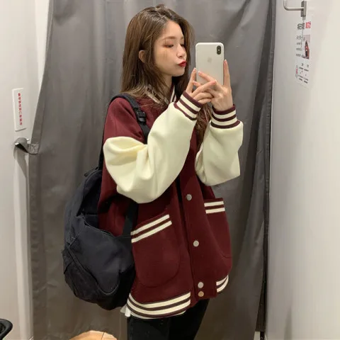 

Свободная американская бейсбольная майка, женская студенческая одежда Hongwei, осенне-зимняя модная верхняя одежда, длинная све, стандартная длина