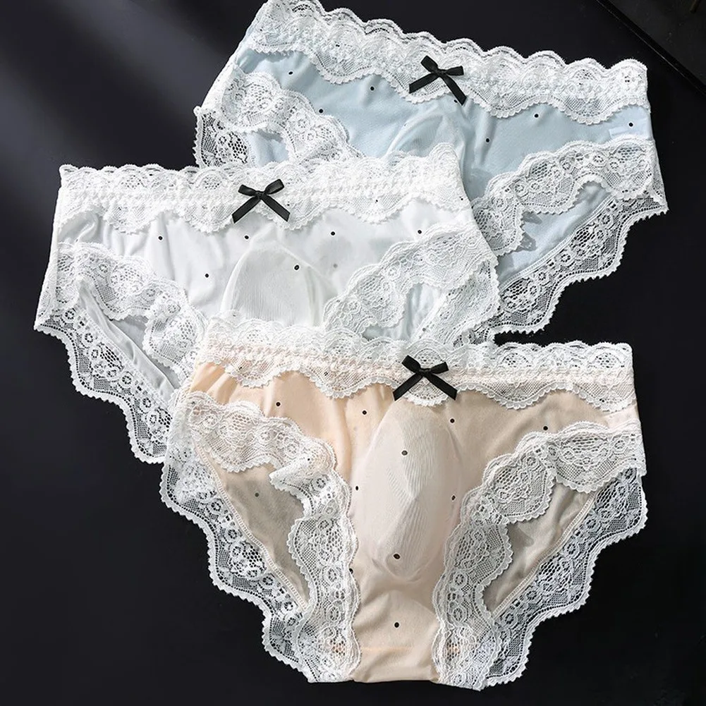 Men's Lace Seamless Bow Ice Silk Briefs Underwear 3D Bulge Pouch Print Panties High Elasticity Cuecas Masculino