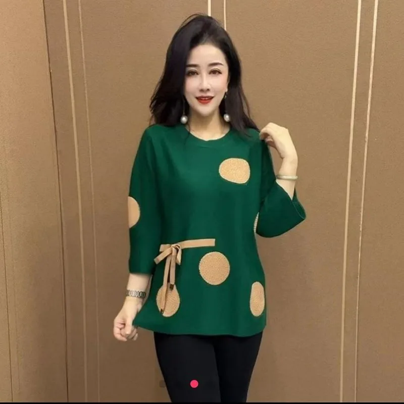 Women Autumn Fashion Polka Dots Print Lace-up Elegant Knitted Sweater Ladies O Neck Long Sleeve Loose Pullover Tops Tunic Jumper