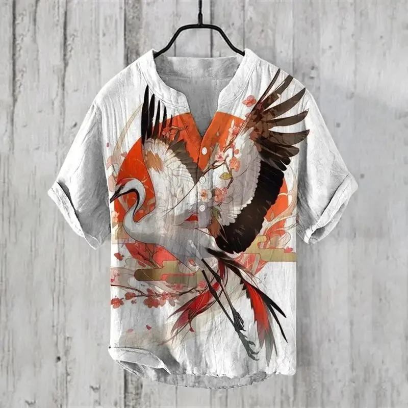 Exotic style men's top summer thin V-neck men's oversized Chinese style shirt 3D printed artistic 3-piece button