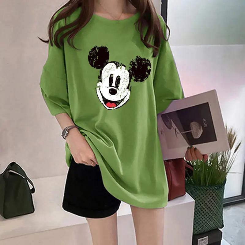 T-shirt Women\'s Plus Size Cartoon Mickey Mouse Print Short-Sleeved Summer Loose Solid Color T-Shirt Student Mid-Length Thin Top