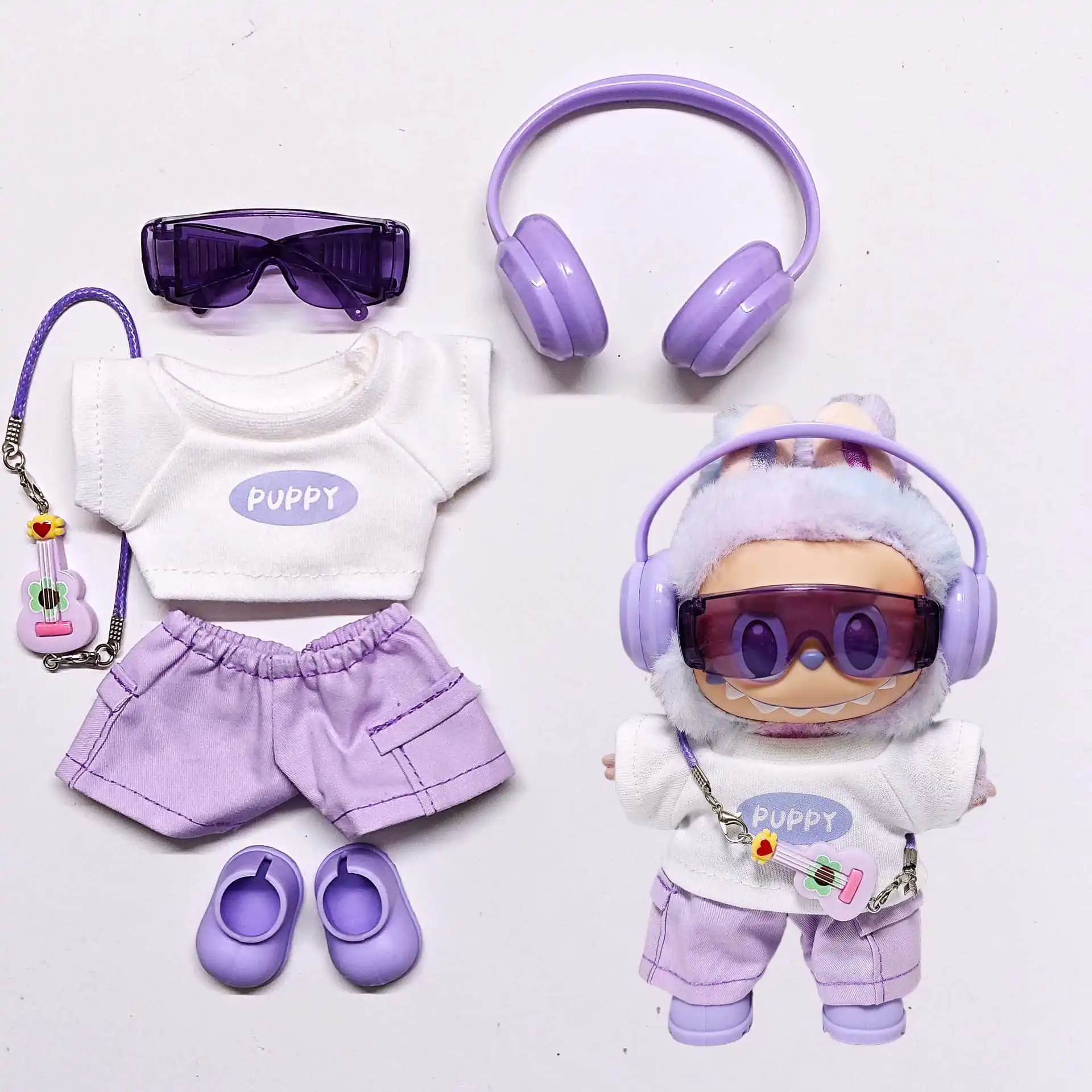 

15/17cm Cute Labubu 1st-3rd Gen Dolls Cool Streetwear Outfit Set White TShirt wPurple Cargo Shorts Headphones Sunglasses Guitar