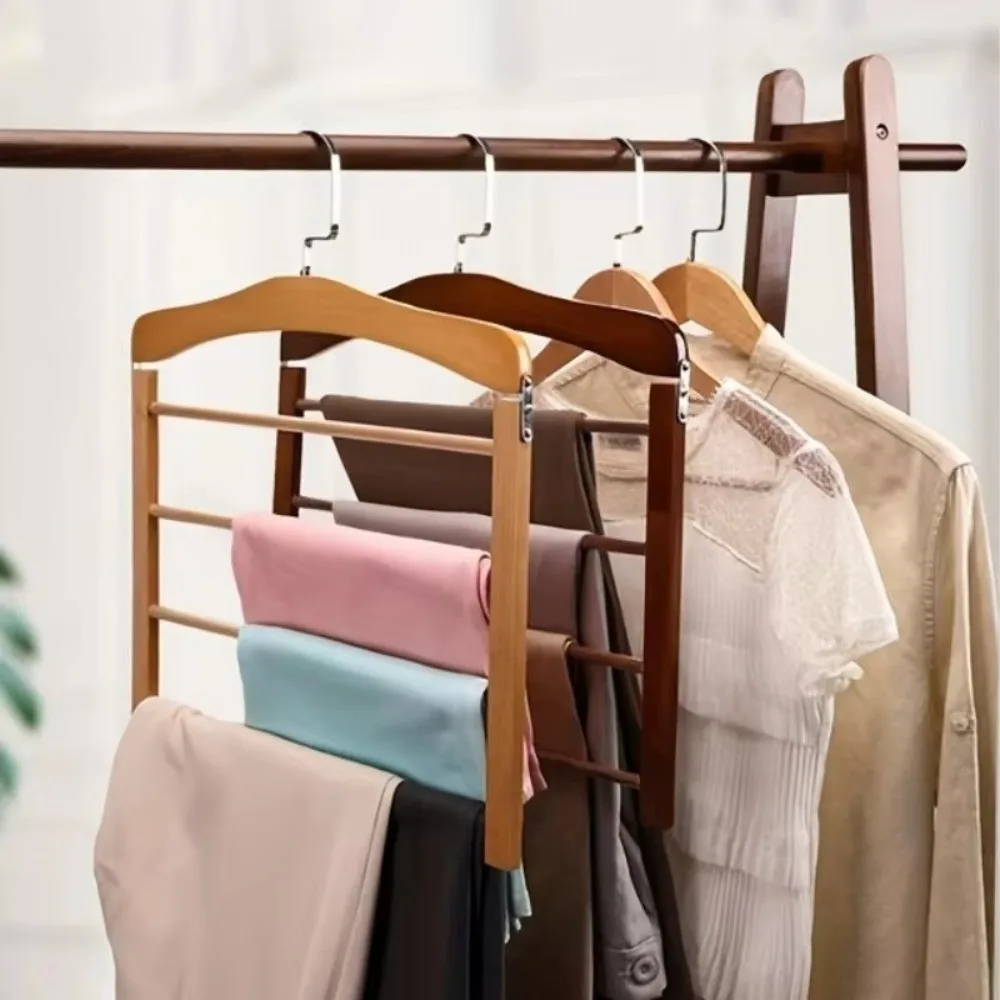 Premium Quality 5-layer Pants Hanger Flocking Wooden Tie Storage Rack Anti-slip Closet Organizer For Ties, Scarves & More